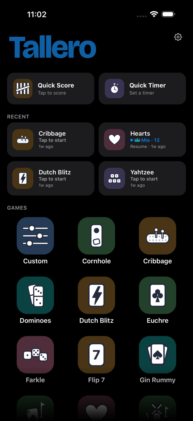 Tallero home screen in dark mode