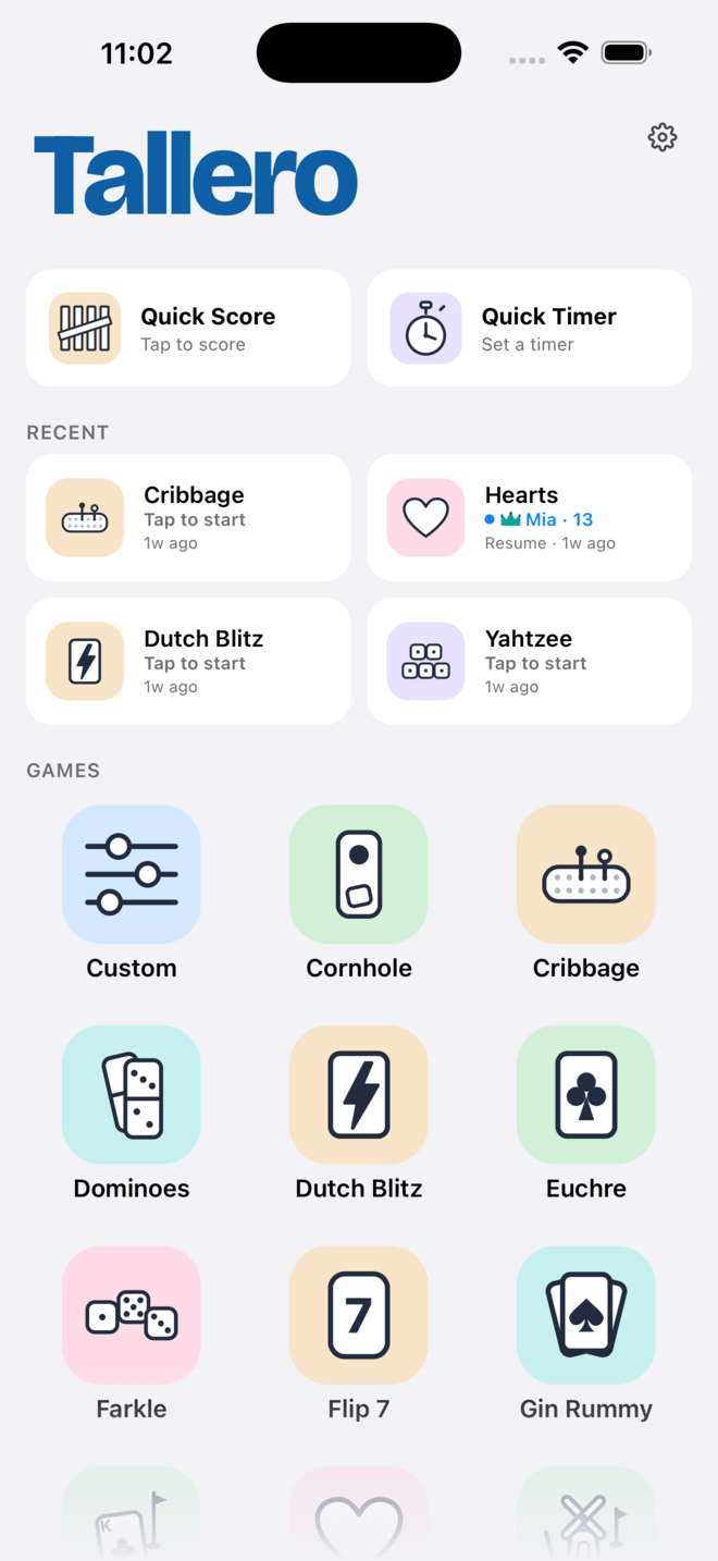 Tallero home screen: Quick Score and Timer, recent games, and the game grid